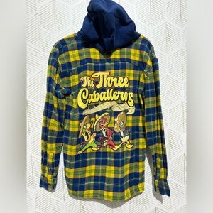 Disney XS The Three Caballeros‎ Flannel Zip Up Hoodie Yellow Blue Donald Duck
